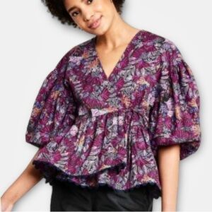 Kiki Vargas x Target Coral Reef Scallop Edge Wrap Balloon Sleeve Top Purple NWT